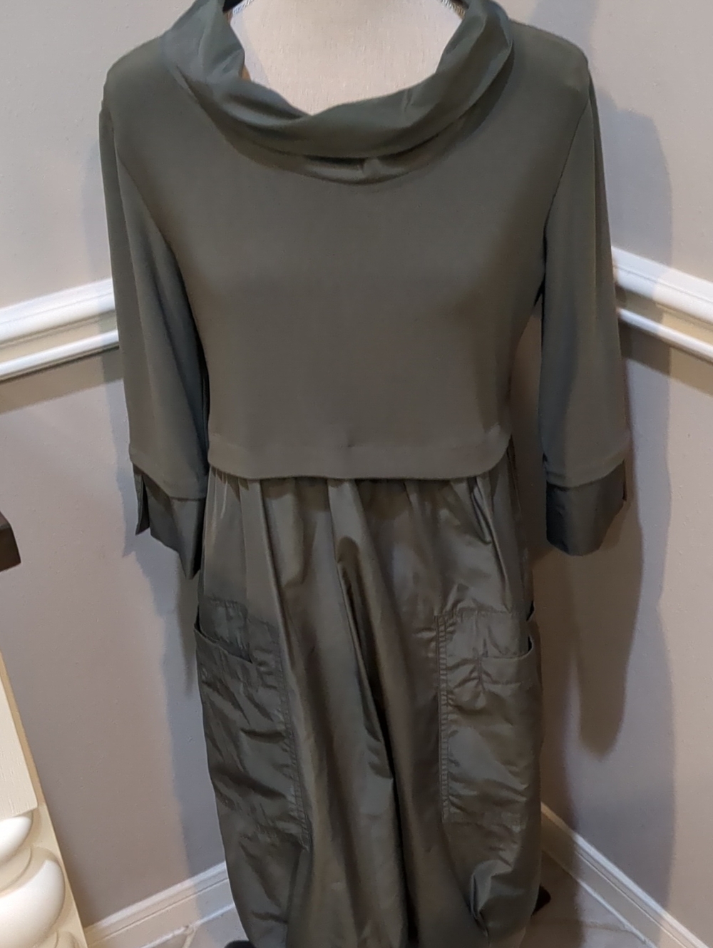 Joseph Ribkoff Olive Green Draped Cowl Neck Dress